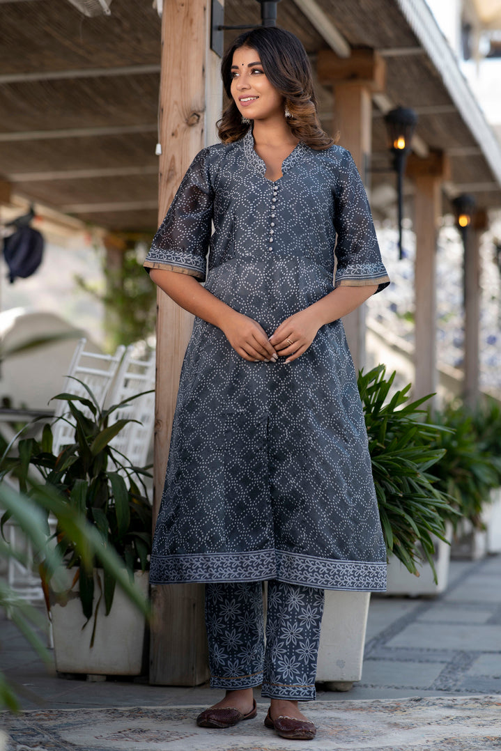 Svarchi Lead Black and Grey Handblock Printed Chanderi Kurta with Chanderi Dupatta