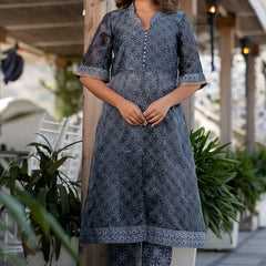 Svarchi Lead Black and Grey Handblock Printed Chanderi Kurta with Chanderi Dupatta