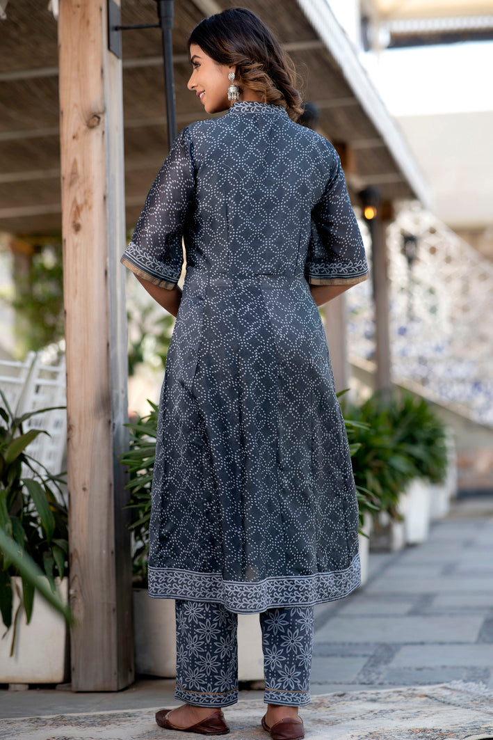 Svarchi Lead Black and Grey Handblock Printed Chanderi Kurta with Chanderi Dupatta