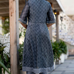 Svarchi Lead Black and Grey Handblock Printed Chanderi Kurta with Chanderi Dupatta