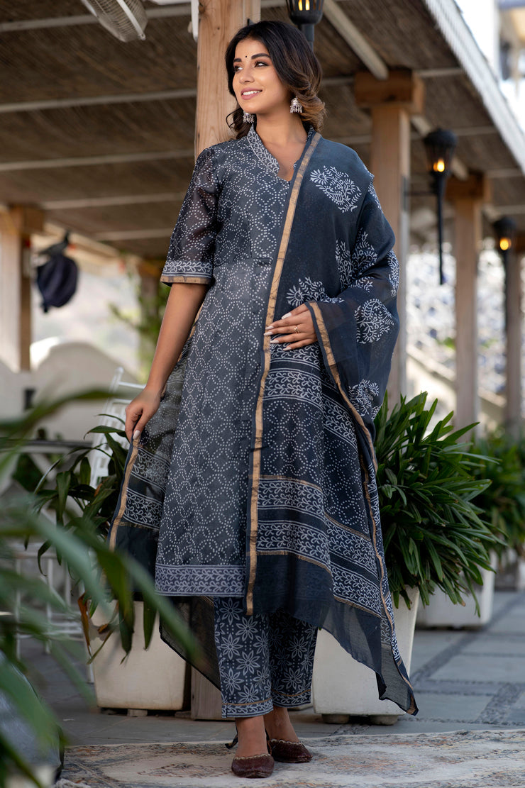 Svarchi Lead Black and Grey Handblock Printed Chanderi Kurta with Chanderi Dupatta