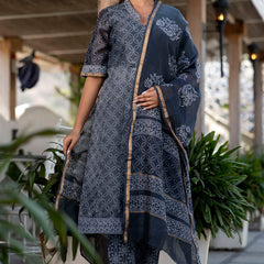 Svarchi Lead Black and Grey Handblock Printed Chanderi Kurta with Chanderi Dupatta