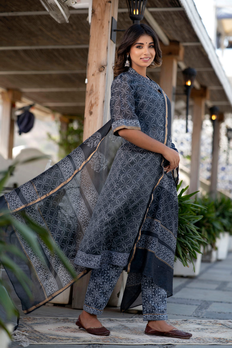 Svarchi Lead Black and Grey Handblock Printed Chanderi Kurta with Chanderi Dupatta