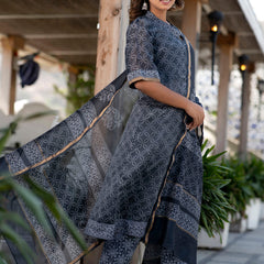 Svarchi Lead Black and Grey Handblock Printed Chanderi Kurta with Chanderi Dupatta