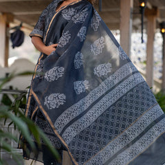 Svarchi Lead Black and Grey Handblock Printed Chanderi Kurta with Chanderi Dupatta