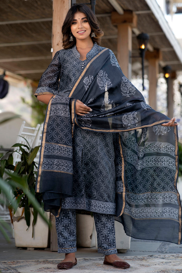 Svarchi Lead Black and Grey Handblock Printed Chanderi Kurta with Chanderi Dupatta