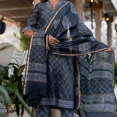 Svarchi Lead Black and Grey Handblock Printed Chanderi Kurta with Chanderi Dupatta