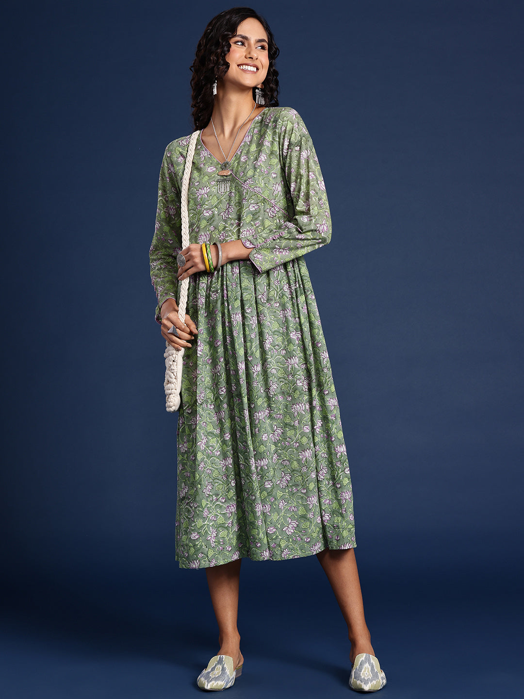 Svarchi Women Green Bagru Print Ethnic Motifs Pure Cotton Maxi Dress Svarchi Jaipur Svarchi Women Green Bagru Print Ethnic Motifs Pure Cotton Maxi Dress Svarchi Jaipur