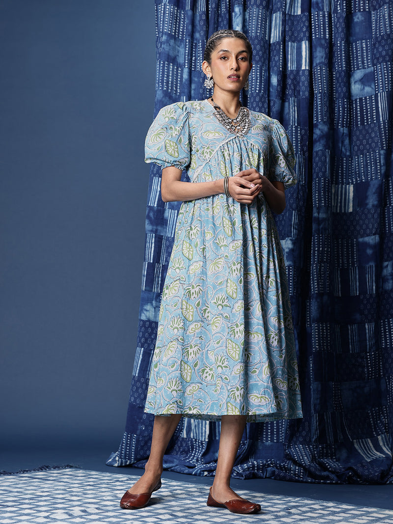 Svarchi Pure Cotton Floral Printed Puff-Sleeve A-Line Ethnic Dress Svarchi Jaipur Svarchi Pure Cotton Floral Printed Puff-Sleeve A-Line Ethnic Dress Svarchi Jaipur