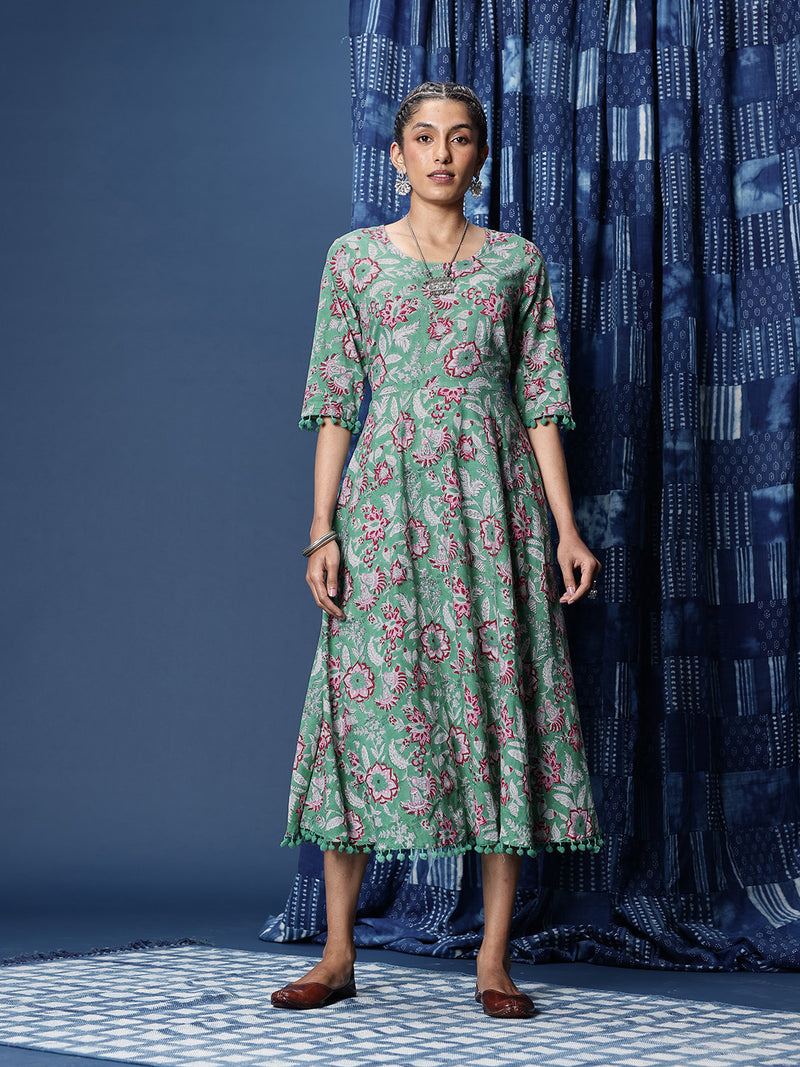 Svarchi Women Green & White Sanganeri Block Print Fit & Flare Dresses Svarchi Jaipur Svarchi Women Green & White Sanganeri Block Print Fit & Flare Dresses Svarchi Jaipur