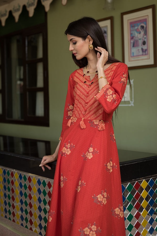 Svarchi Cherry Red and Gardenia Cream Premium Cotton Anarkali Dress