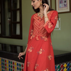 Svarchi Cherry Red and Gardenia Cream Premium Cotton Anarkali Dress