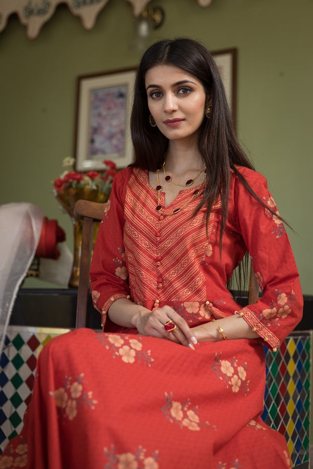 Svarchi Cherry Red and Gardenia Cream Premium Cotton Anarkali Dress