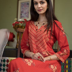 Svarchi Cherry Red and Gardenia Cream Premium Cotton Anarkali Dress