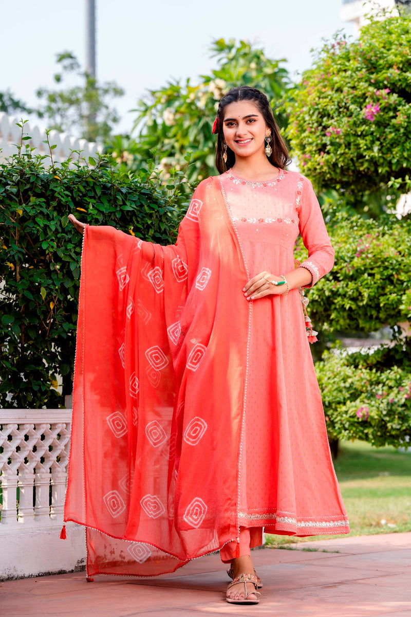 Svarchi Pink flared Kurta with Pant and Chiffon Dupatta