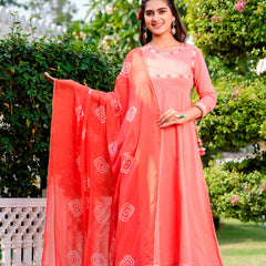 Svarchi Pink flared Kurta with Pant and Chiffon Dupatta