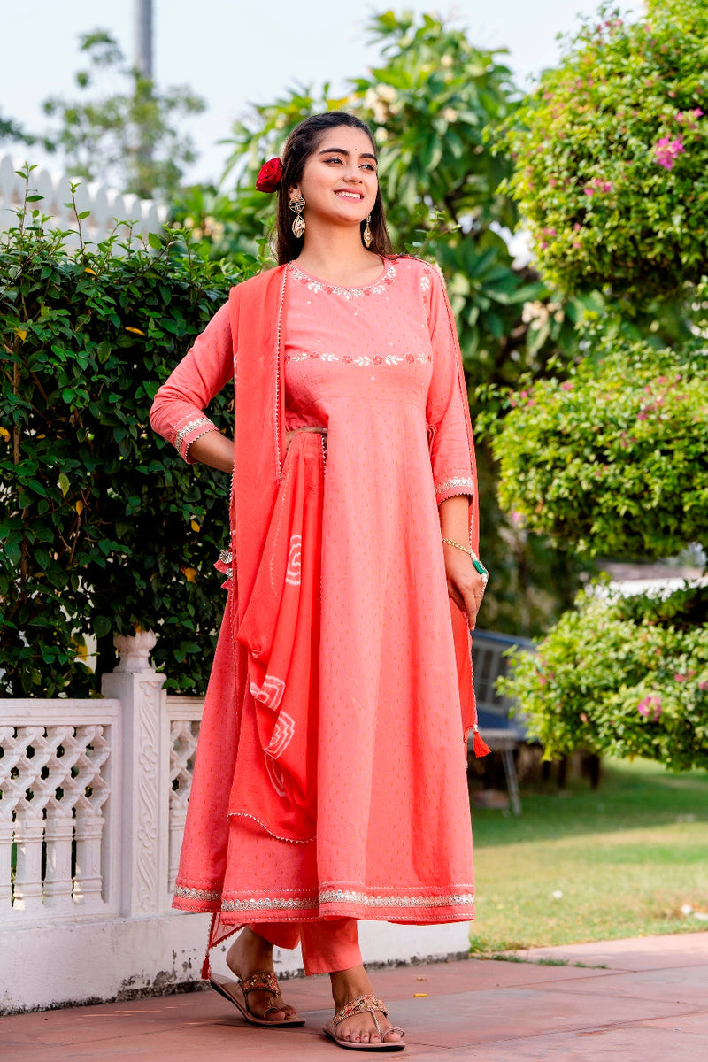 Svarchi Pink flared Kurta with Pant and Chiffon Dupatta