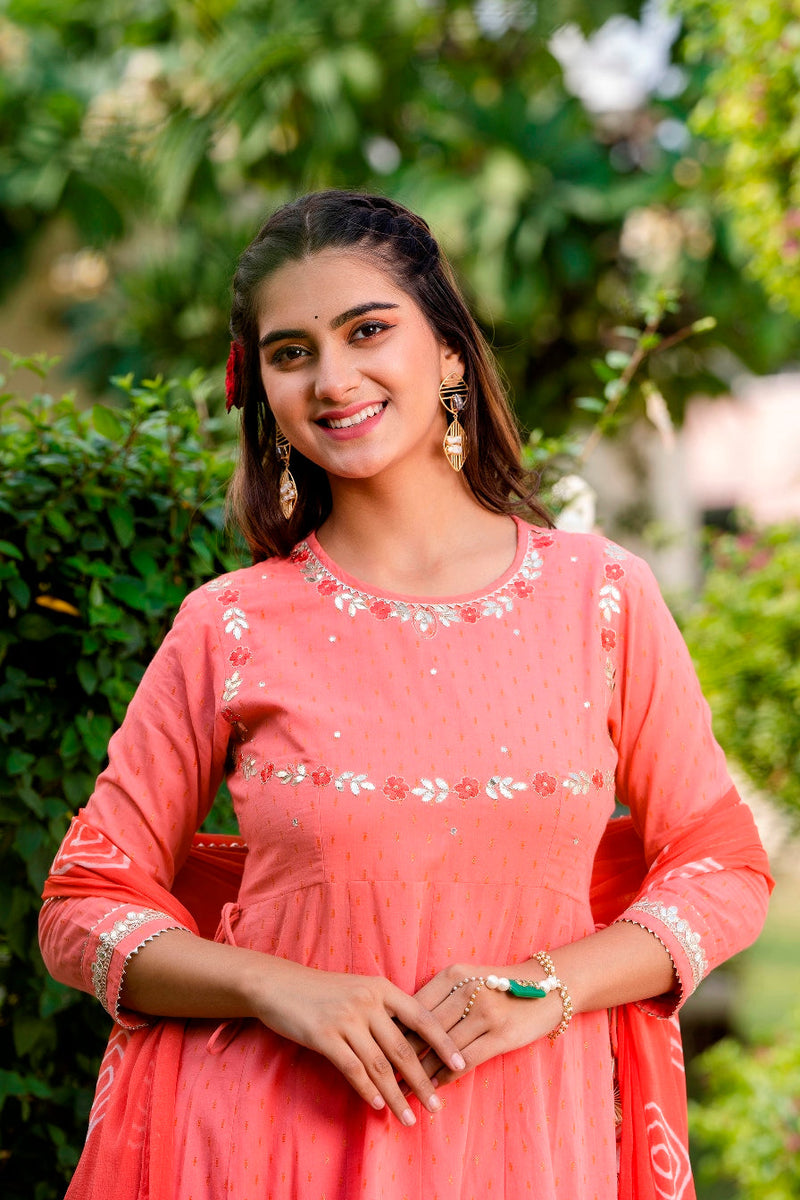 Svarchi Pink flared Kurta with Pant and Chiffon Dupatta