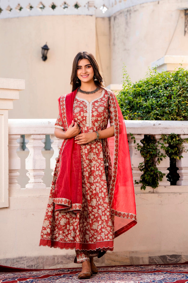 Svarchi Maroon flared Kurta with Pant and Organza Dupatta