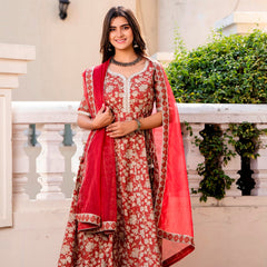 Svarchi Maroon flared Kurta with Pant and Organza Dupatta