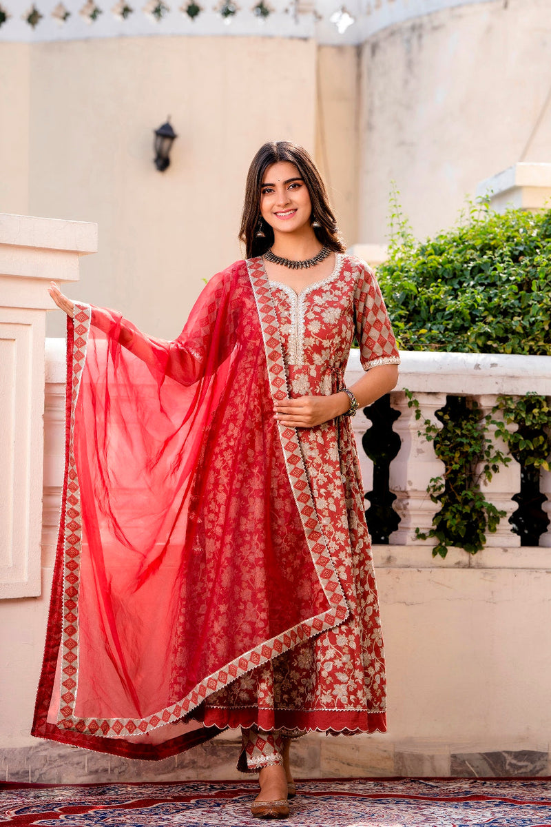 Svarchi Maroon flared Kurta with Pant and Organza Dupatta