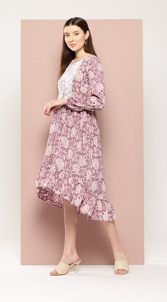 Svarchi Womens Purple Cotton Ethnic Motifs Printed A-Line Midi Dress