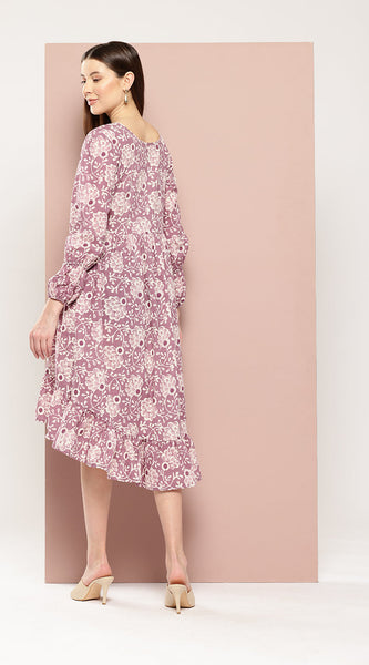Svarchi Womens Purple Cotton Ethnic Motifs Printed A-Line Midi Dress