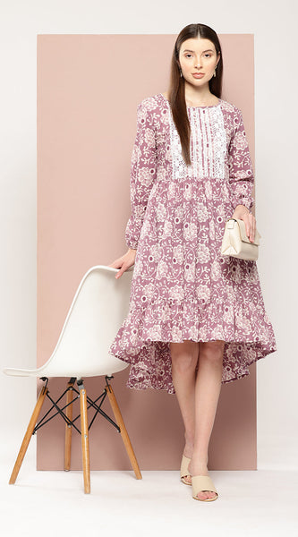 Svarchi Womens Purple Cotton Ethnic Motifs Printed A-Line Midi Dress