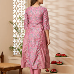 Svarchi Pink Chanderi Printed Kurta with Pencil Pant and Scalloped Dupatta
