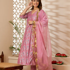 Svarchi Pink Chanderi Printed Kurta with Pencil Pant and Scalloped Dupatta