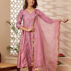 Svarchi Pink Chanderi Printed Kurta with Pencil Pant and Scalloped Dupatta