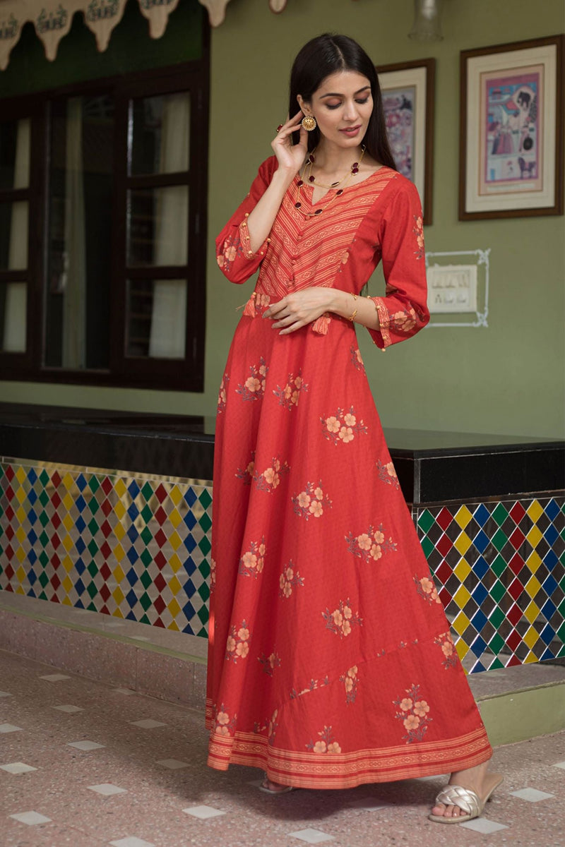 Svarchi Cherry Red and Gardenia Cream Premium Cotton Anarkali Dress
