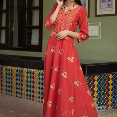 Svarchi Cherry Red and Gardenia Cream Premium Cotton Anarkali Dress