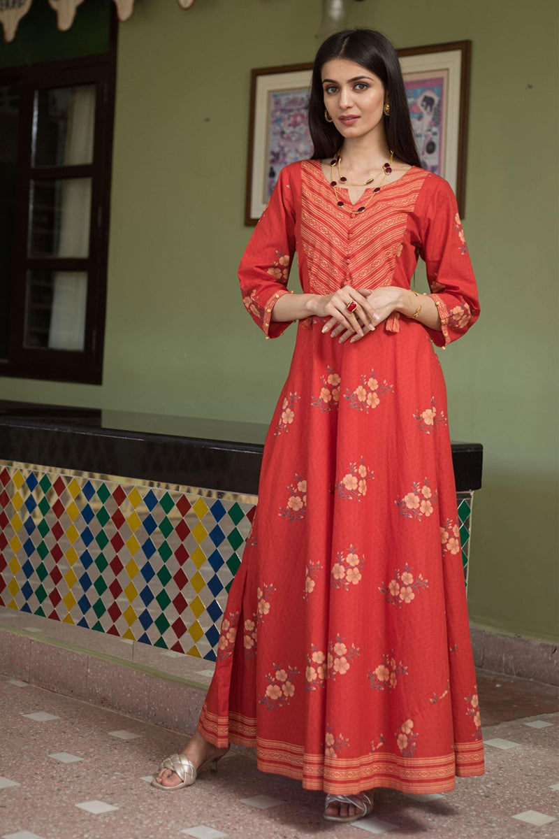 Svarchi Cherry Red and Gardenia Cream Premium Cotton Anarkali Dress