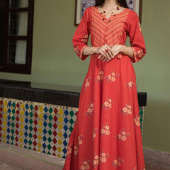 Svarchi Cherry Red and Gardenia Cream Premium Cotton Anarkali Dress